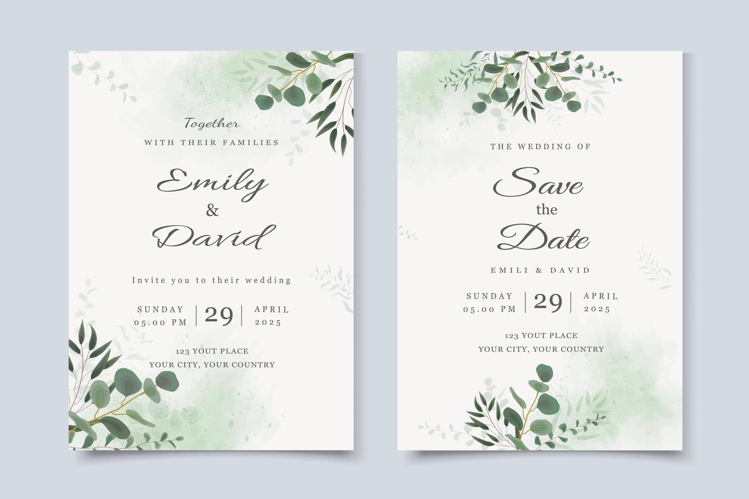 modèle d'invitation de mariage avec des feuilles d'eucalyptus vecteur