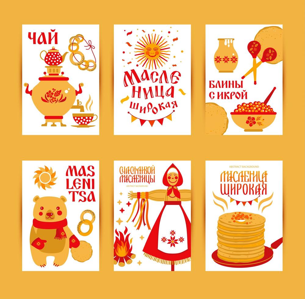 cartes vectorielles sur le thème du carnaval de vacances russes. traduction russe joyeux mardi gras maslenitsa, thé et crêpes au caviar. vecteur