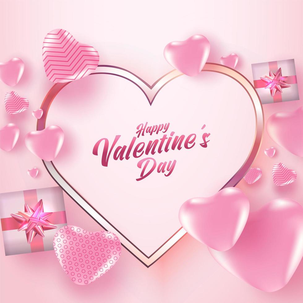 affiche de vente de la Saint-Valentin ou bannière avec de nombreux coeurs doux et coffrets cadeaux sur fond de couleur rose. modèle de promotion et de magasinage ou pour l'amour et la Saint-Valentin. vecteur