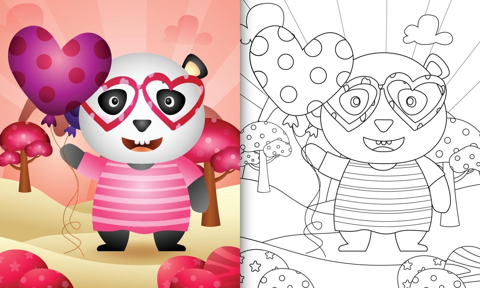 livre de coloriage pour les enfants avec un joli panda tenant un ballon pour la saint valentin vecteur