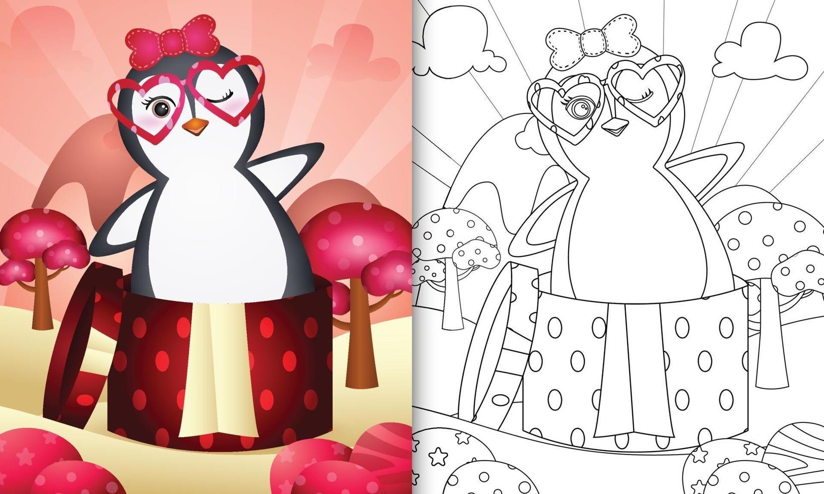 livre de coloriage pour les enfants avec un pingouin mignon dans la boîte-cadeau pour la Saint-Valentin vecteur