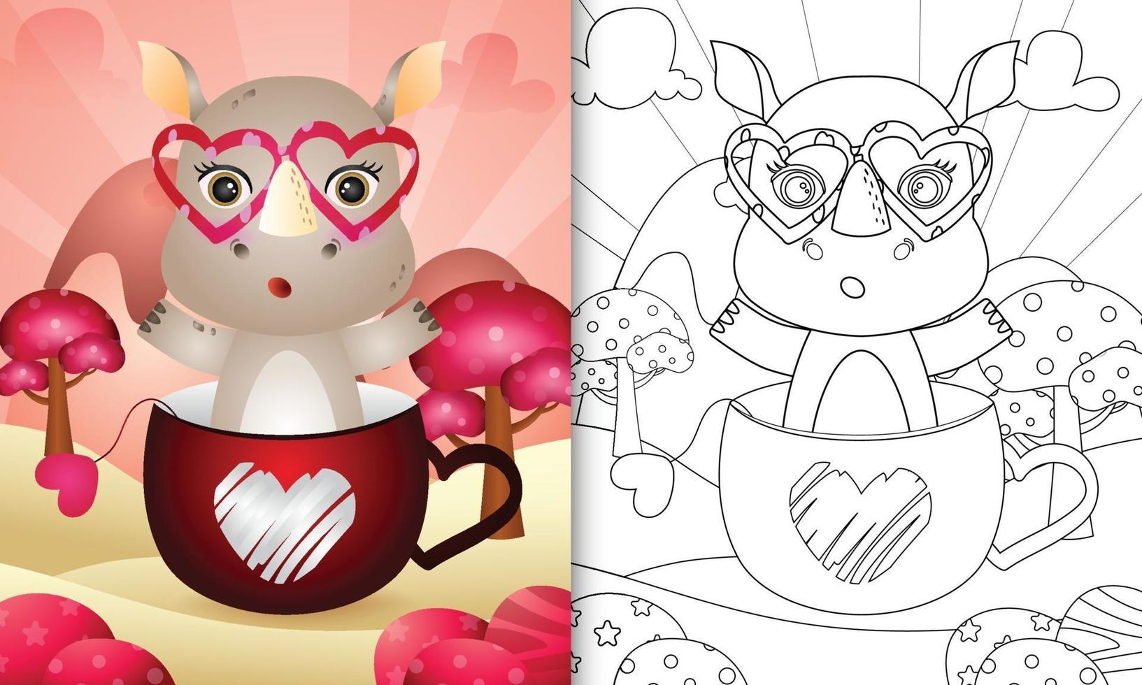 livre de coloriage pour les enfants avec un joli rhinocéros dans la tasse pour la Saint-Valentin vecteur