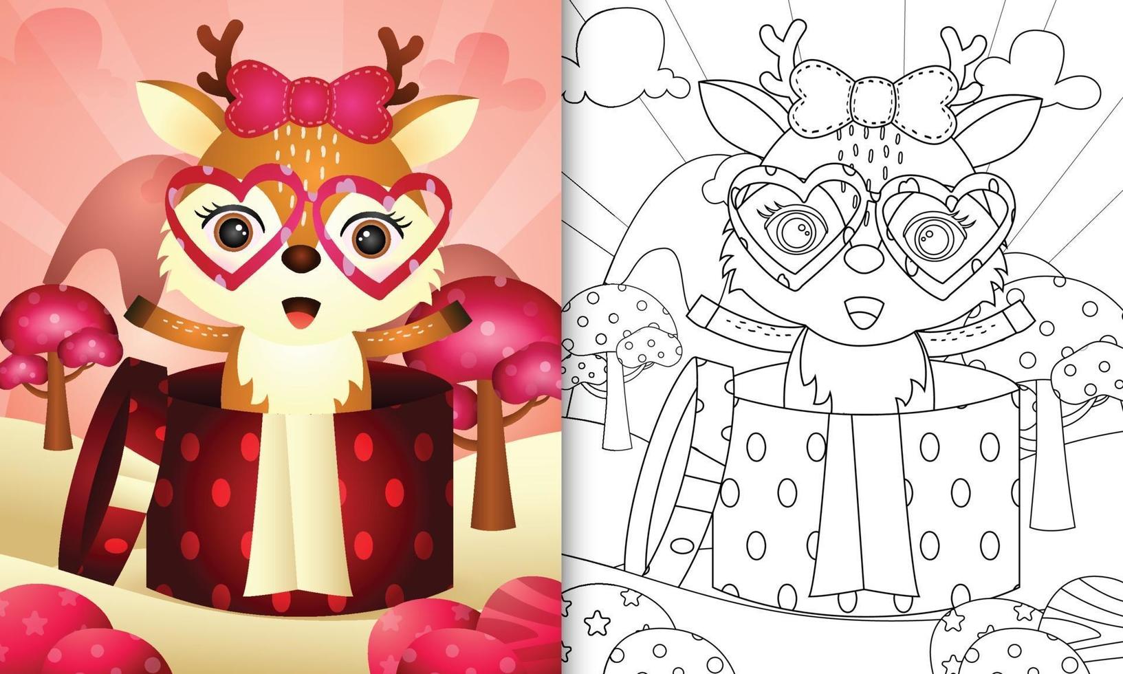 livre de coloriage pour les enfants avec un cerf mignon dans la boîte-cadeau pour la Saint-Valentin vecteur