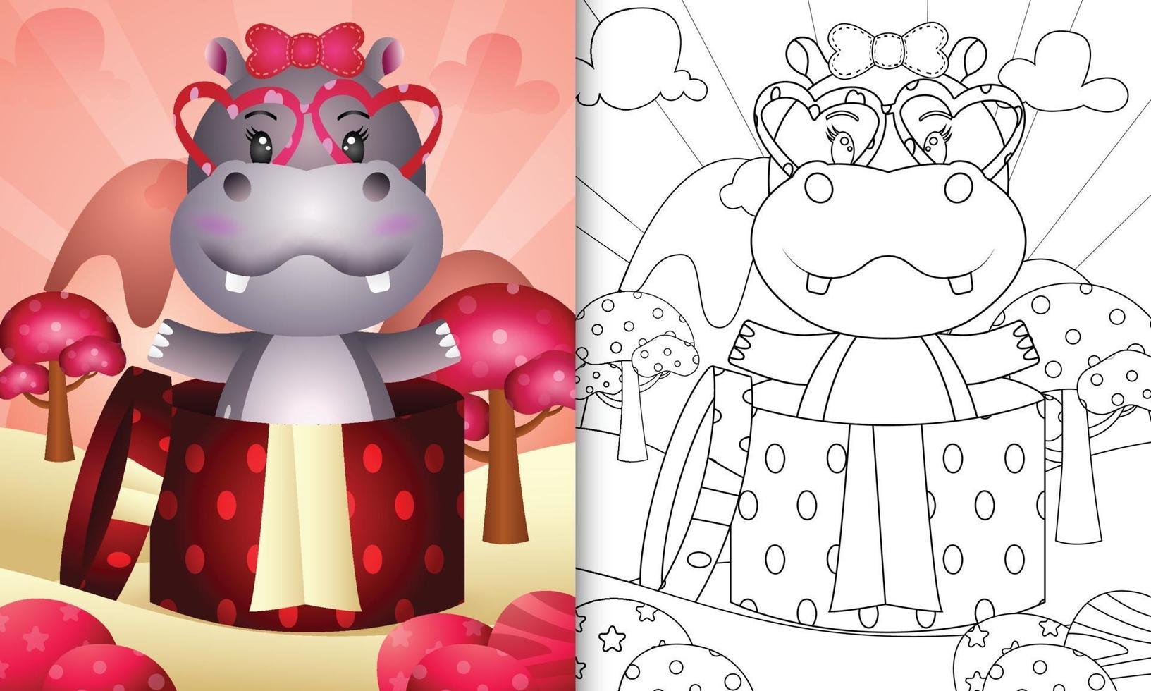 livre de coloriage pour les enfants avec un hippopotame mignon dans la boîte cadeau pour la Saint-Valentin vecteur