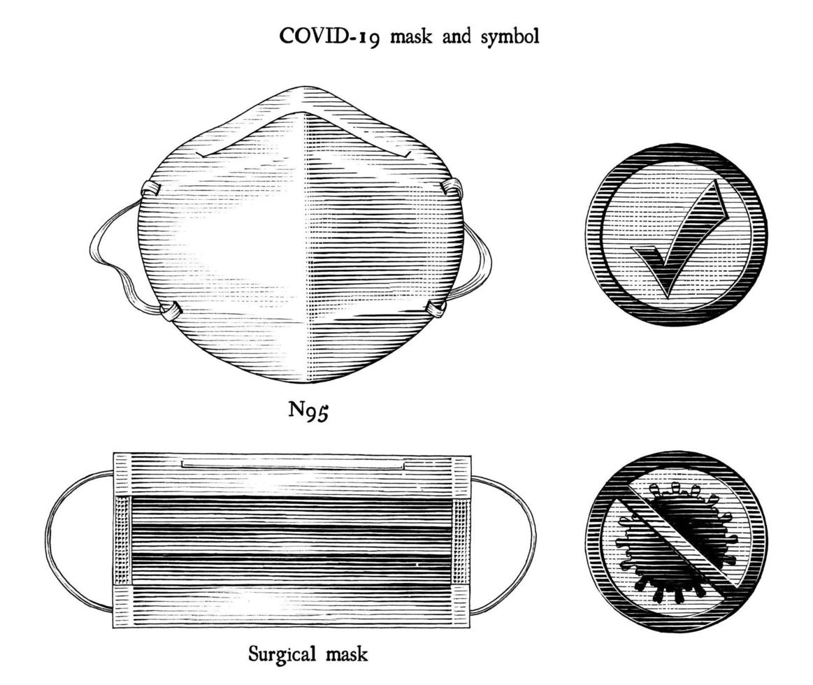 masque pour prévenir la maladie coronavirus 2019 et symboles connexes gravure illustration style vintage art noir et blanc isolé sur fond blanc vecteur