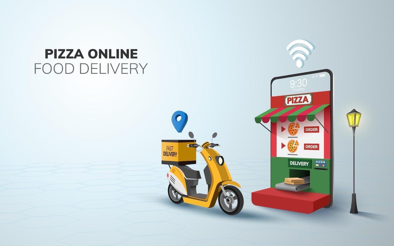 Livraison de pizza en ligne numérique sur scooter avec concept de fond de site Web de téléphone mobile vecteur