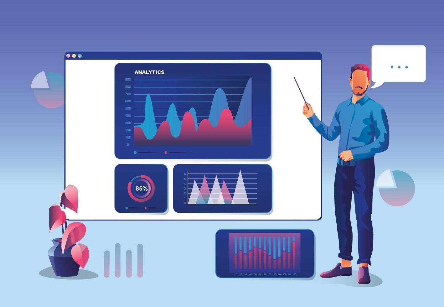 homme d & # 39; affaires de concept marketing est debout par écran de fenêtre avec des données analytiques données statistiques avec des graphiques et des diagrammes. calendrier numérique financier. design plat illustration vectorielle. audit marketing vecteur