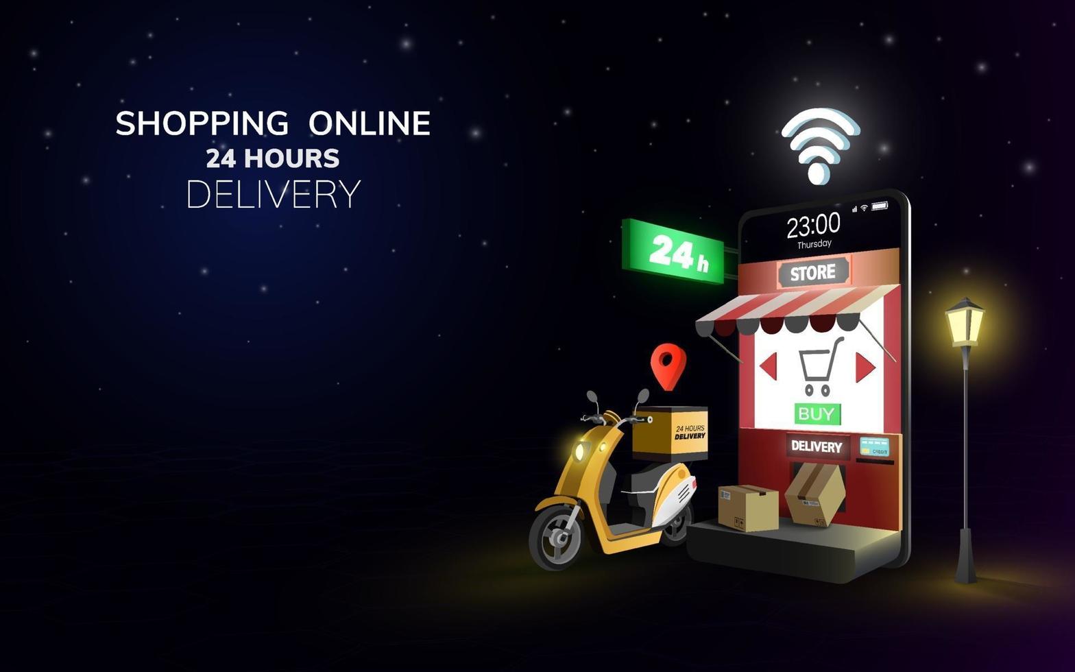 Livraison mondiale en ligne numérique sur scooter avec téléphone mobile au concept de fond de nuit pour l'expédition de nourriture de livraison 24 heures vecteur