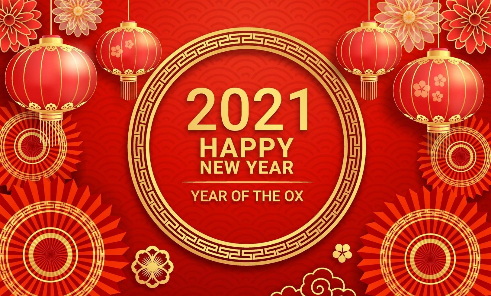 lanternes en papier du nouvel an chinois 2021 et fleur sur fond de carte de voeux l'année du bœuf. illustrations vectorielles. vecteur