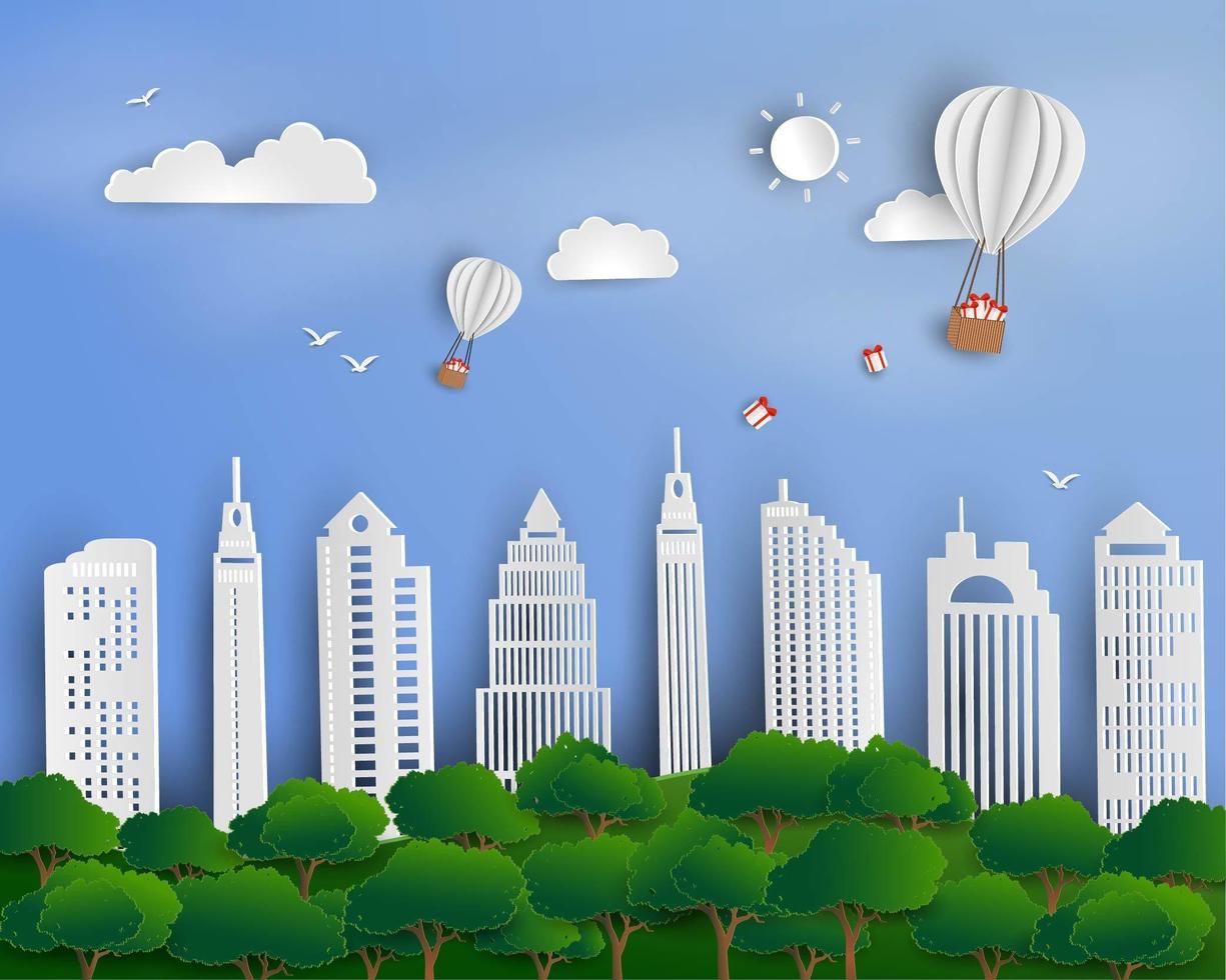 ballons à air chaud avec boîte-cadeau flottant au-dessus du paysage urbain de la ville vecteur
