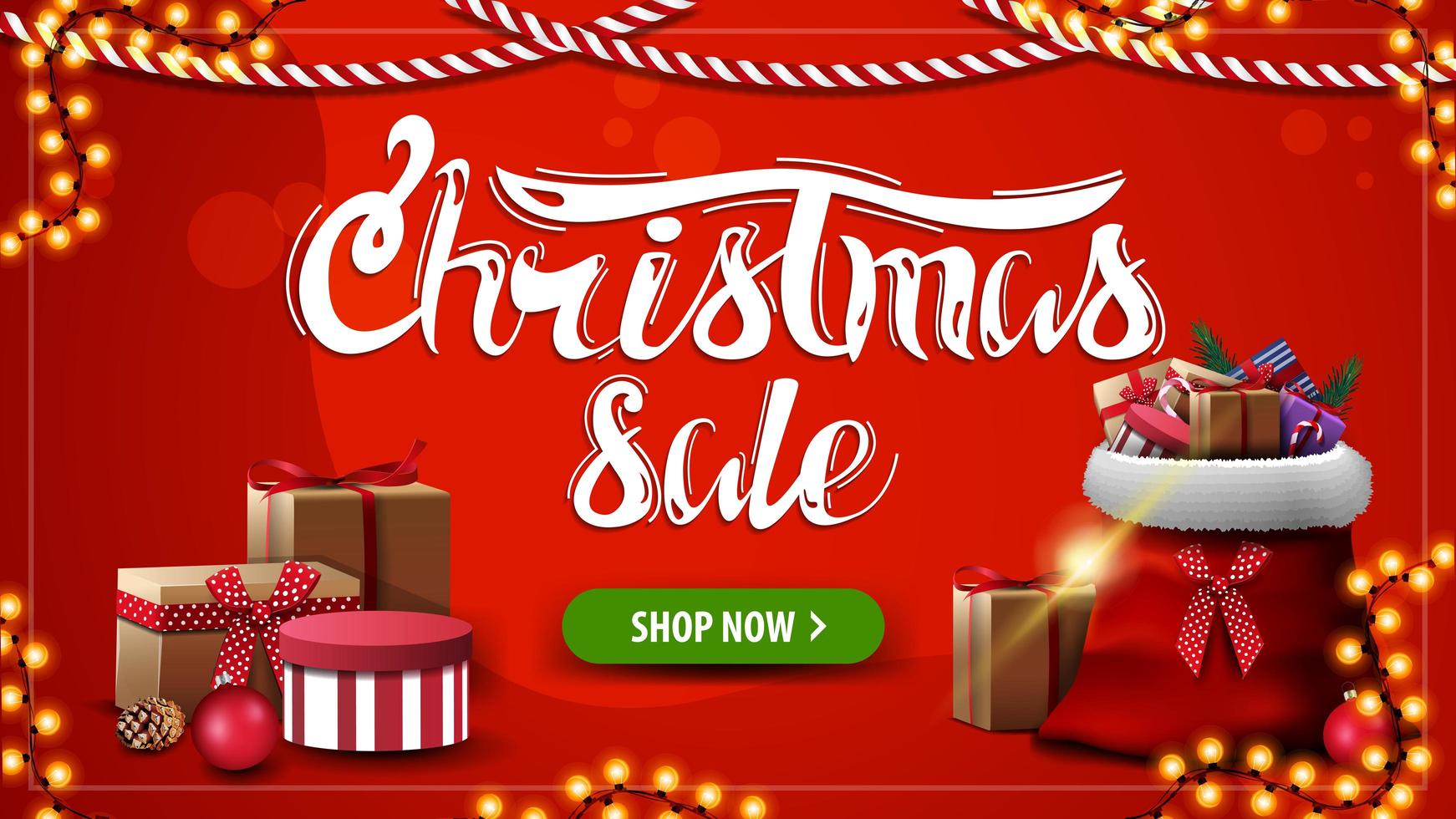 vente de Noël, bannière de réduction rouge avec sac de père Noël avec cadeaux, bouton et guirlandes vecteur