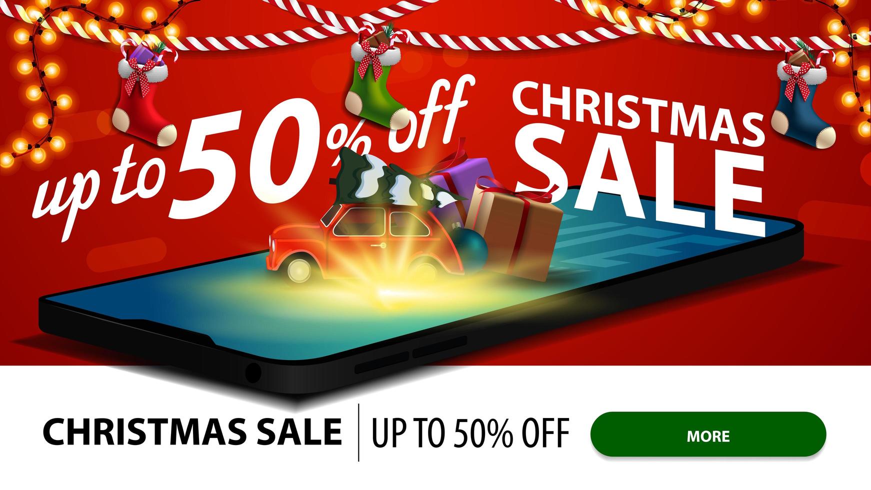 vente de Noël, jusqu'à 50 rabais, bannière de réduction moderne pour site Web avec un smartphone. Une voiture vintage rouge portant un arbre de Noël est projetée à partir de l'écran vecteur