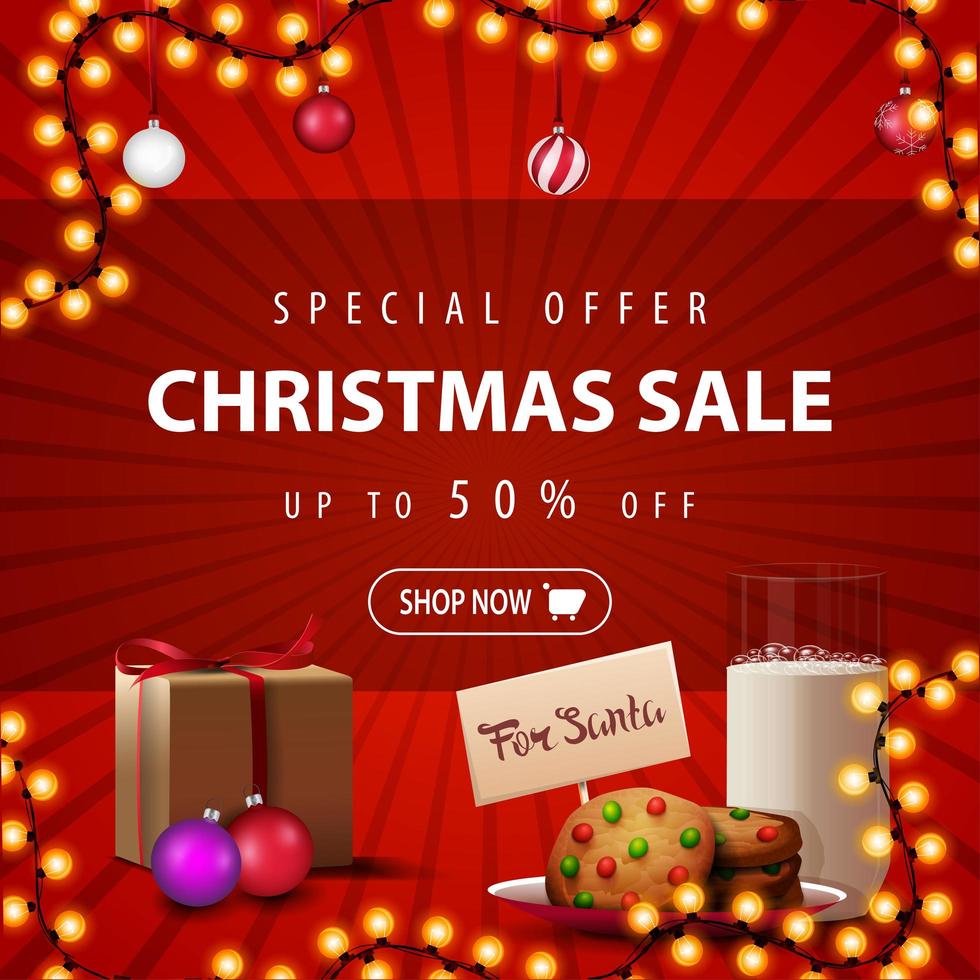 offre spéciale, vente de Noël, jusqu'à 50 rabais, bannière de réduction carrée rouge avec guirlande, boules de Noël, cadeau et biscuits avec un verre de lait pour le père Noël vecteur
