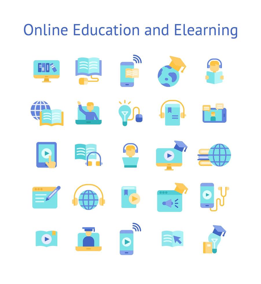 éducation en ligne et jeu d'icônes plat e-learning. vecteur