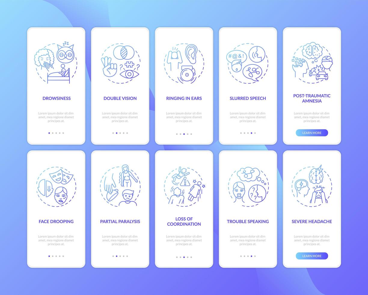 Problème neurologique signe écran de la page de l'application mobile d'intégration de gradient bleu avec ensemble de concepts vecteur