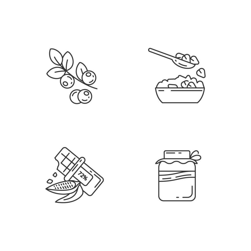 Ensemble d'icônes linéaires parfaits de repas végétariens sains pixel vecteur