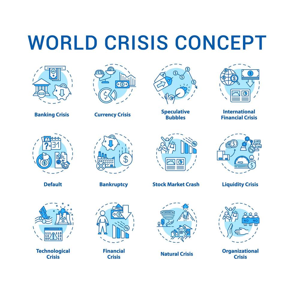 jeu d'icônes de concept de crise mondiale. situation de catastrophe internationale, événement d'urgence avec des changements négatifs mondiaux idée fine ligne illustrations couleur rvb. dessins de contour isolés de vecteur. trait modifiable vecteur