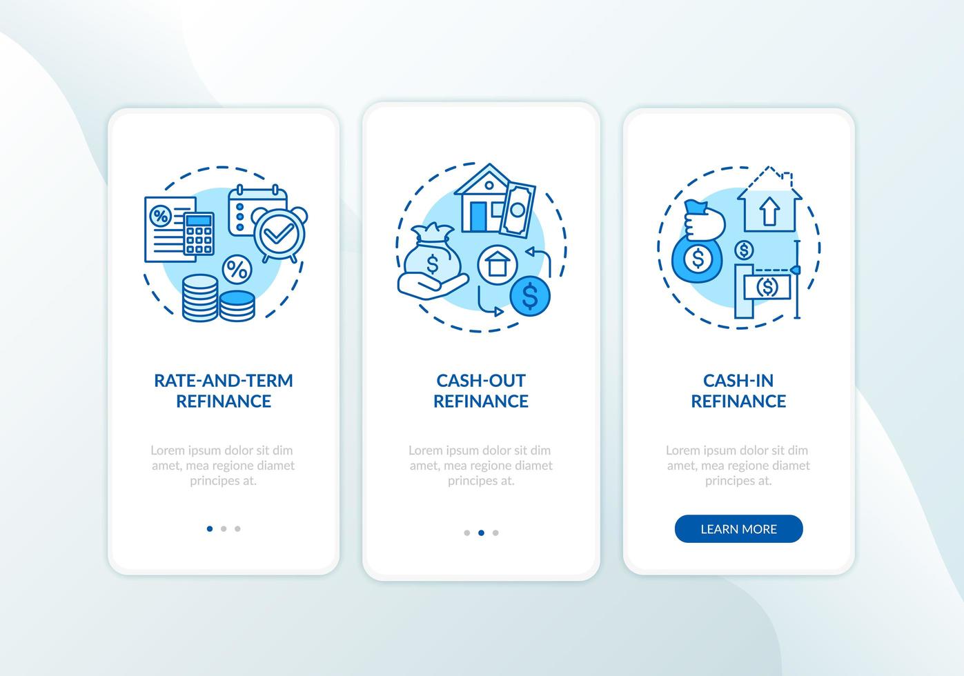 types de refinancement hypothécaire écran de la page de l'application mobile d'intégration avec des concepts vecteur