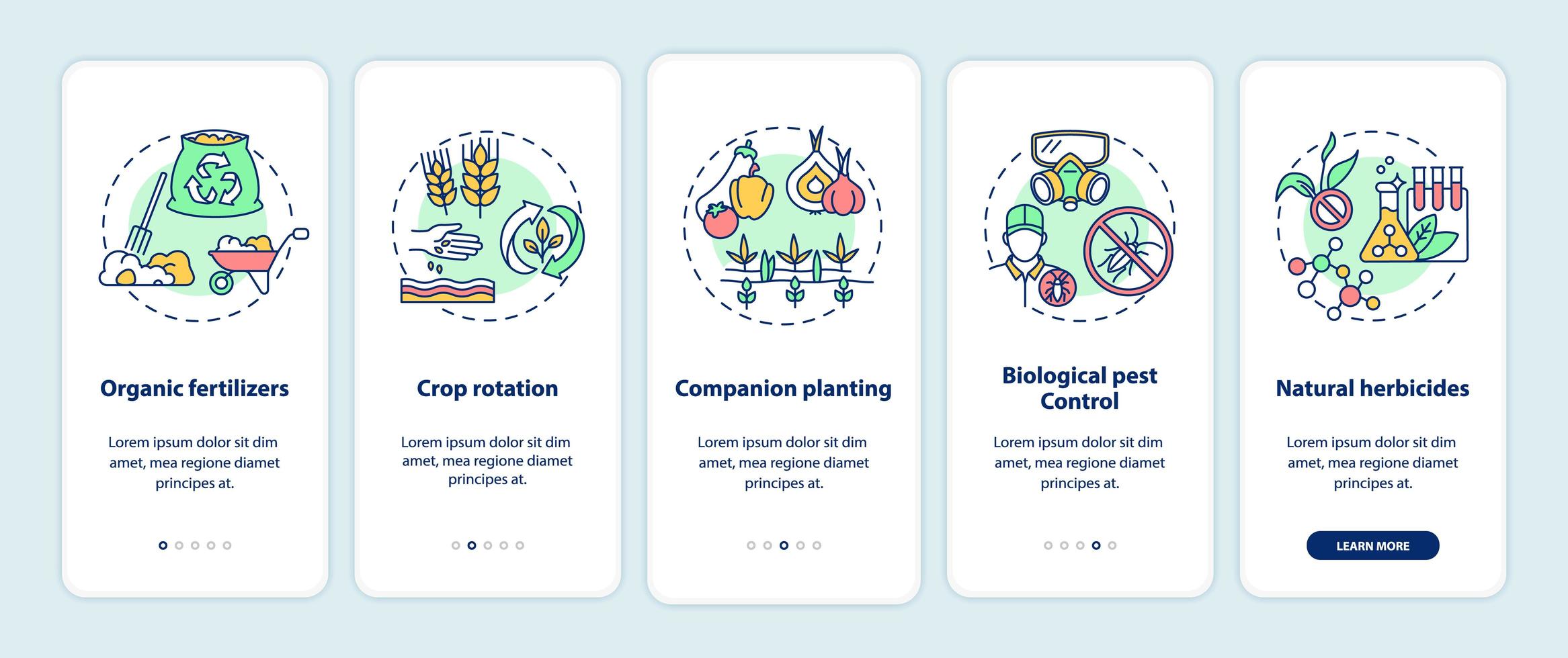 Écran de la page de l'application mobile d'intégration des principes de l'agriculture biologique avec des concepts vecteur