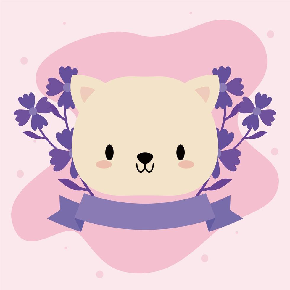 mignon bébé chat kawaii avec des fleurs vecteur