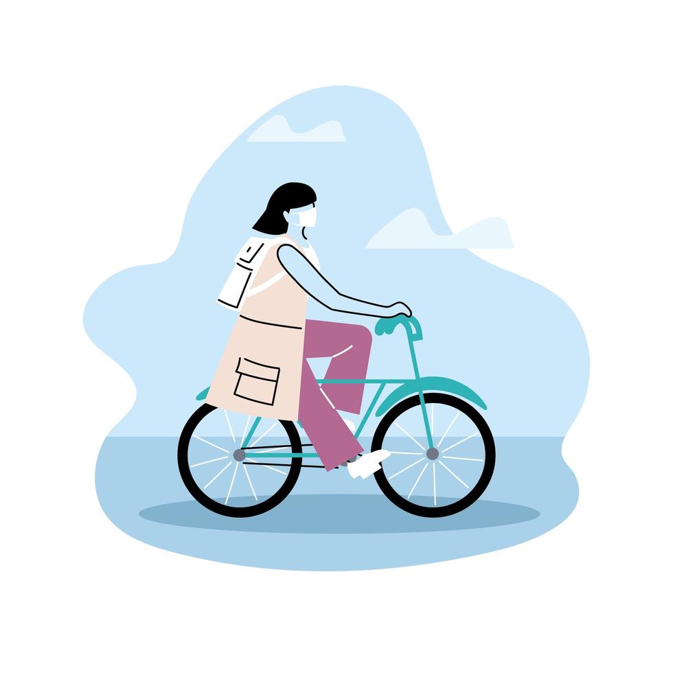 femme avec sac à dos, faire du vélo vecteur