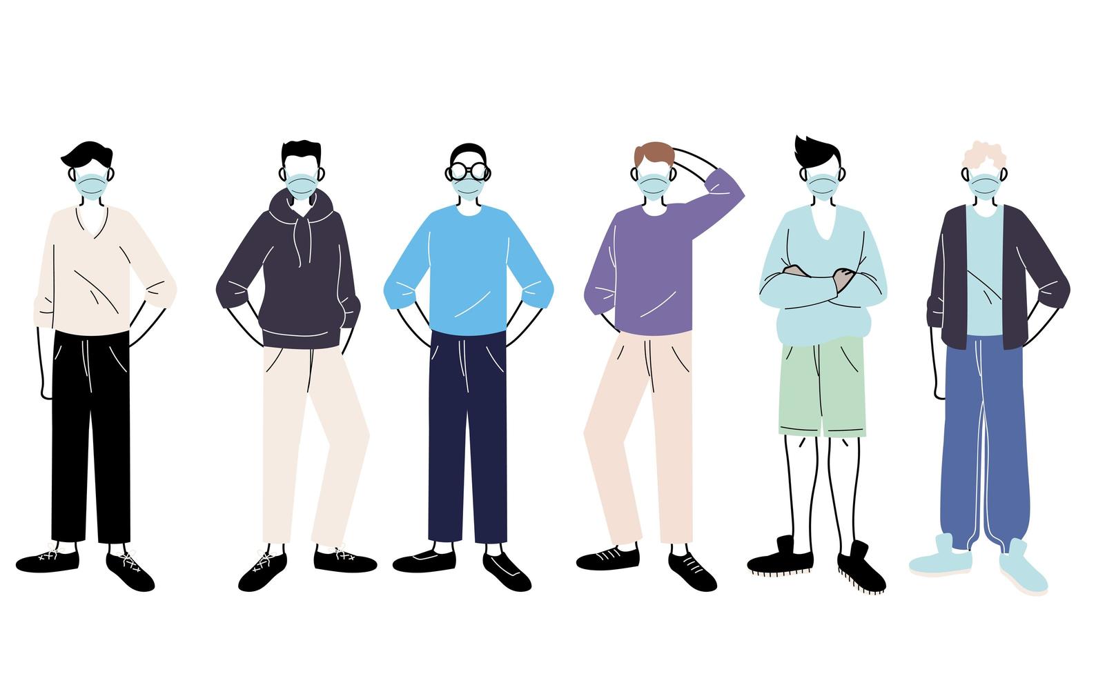 jeunes hommes avec des masques médicaux debout sur fond blanc vecteur
