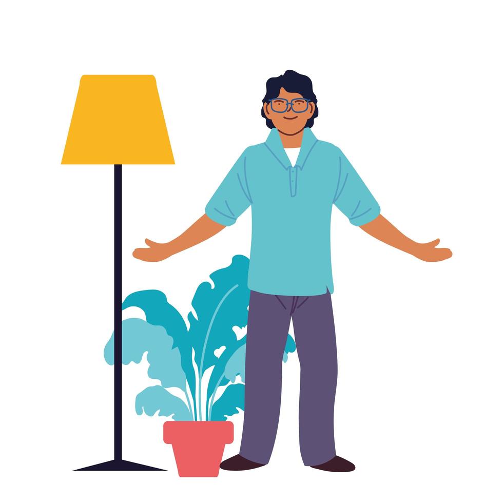 dessin animé homme avec lampe et conception de vecteur de plante