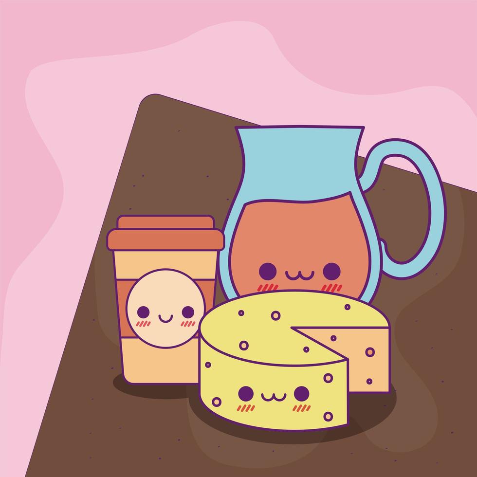 tasse de café de pot de jus de kawaii et conception de vecteur de fromage