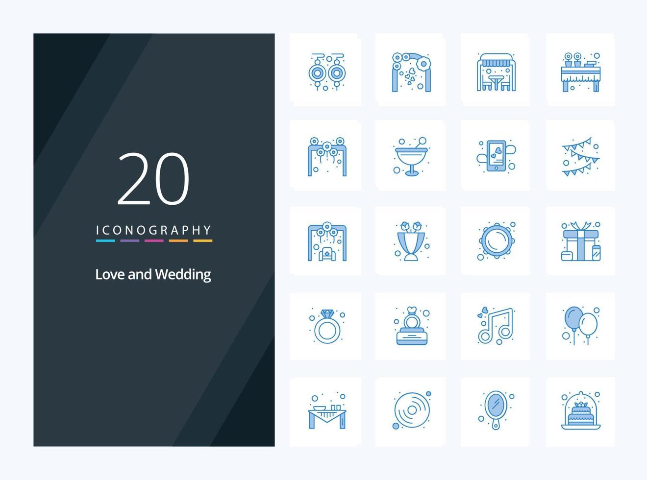 20 icône de couleur bleue de mariage pour la présentation vecteur