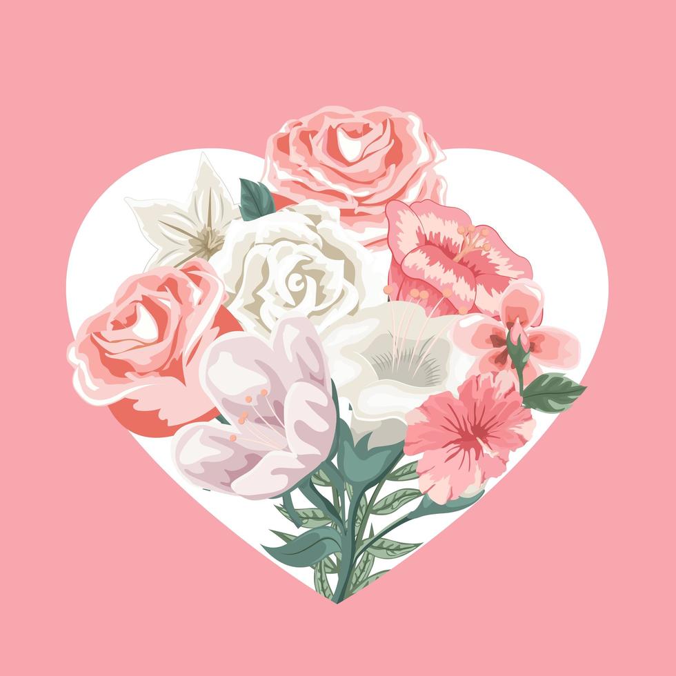 carte de valentines avec coeur et bouquet de fleurs vecteur