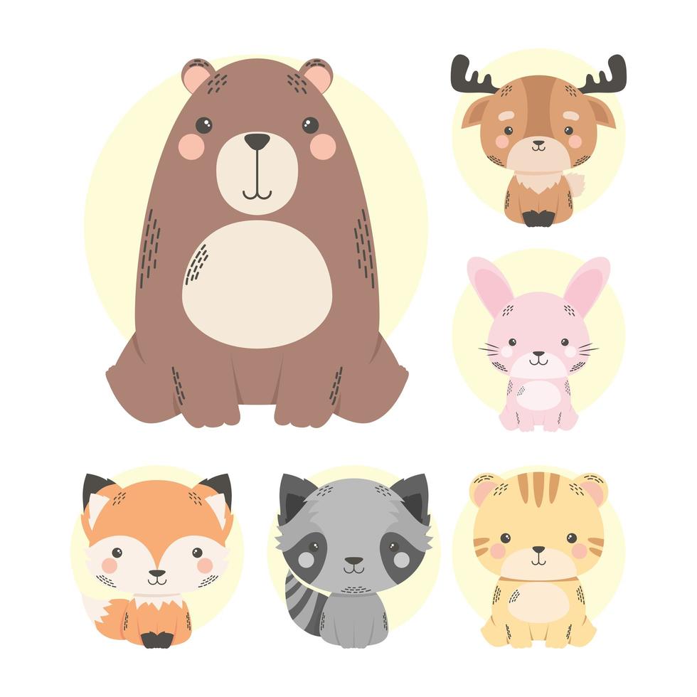 personnages de bande dessinée mignons de six animaux vecteur