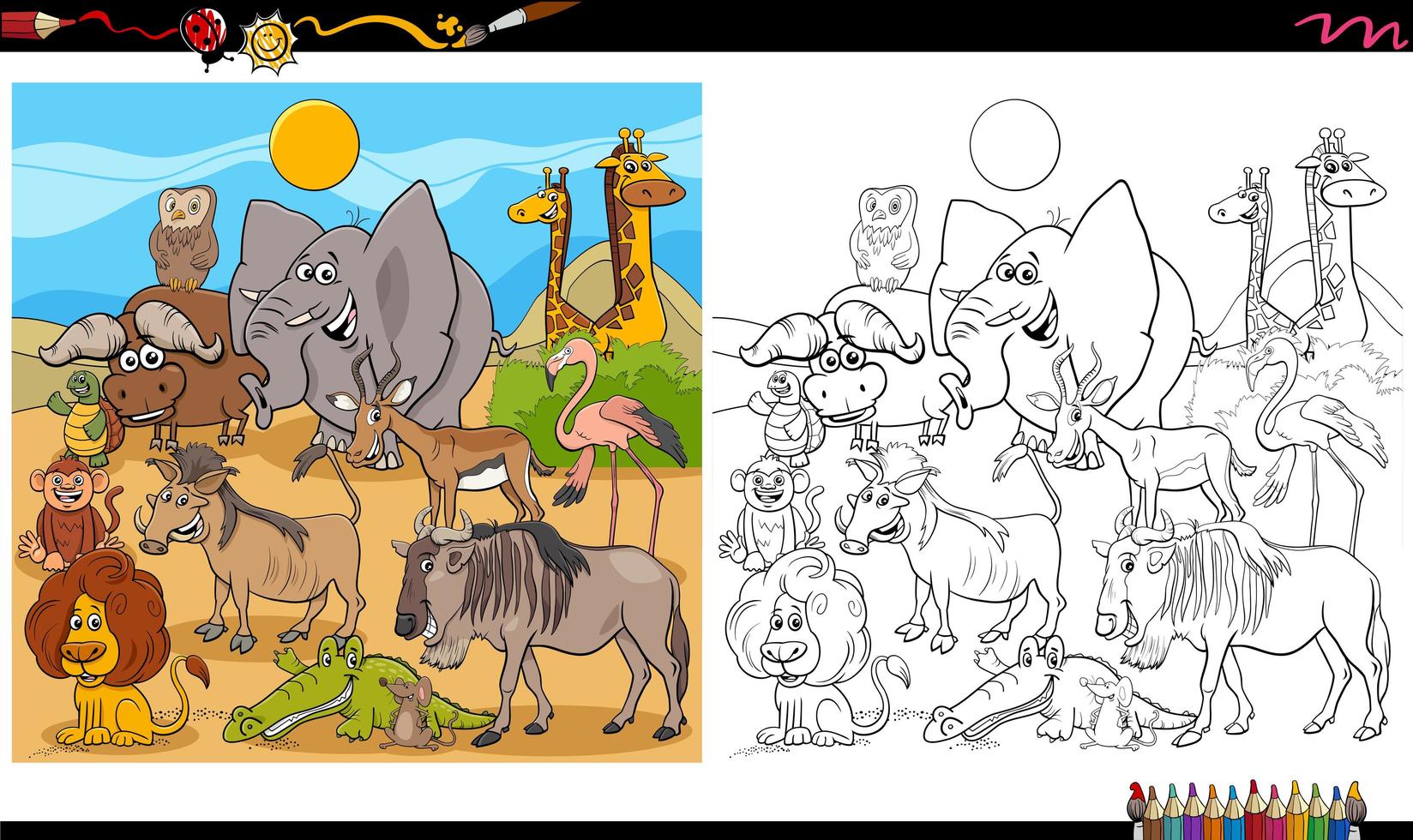 Page de livre de coloriage de groupe de personnages animaux drôles vecteur