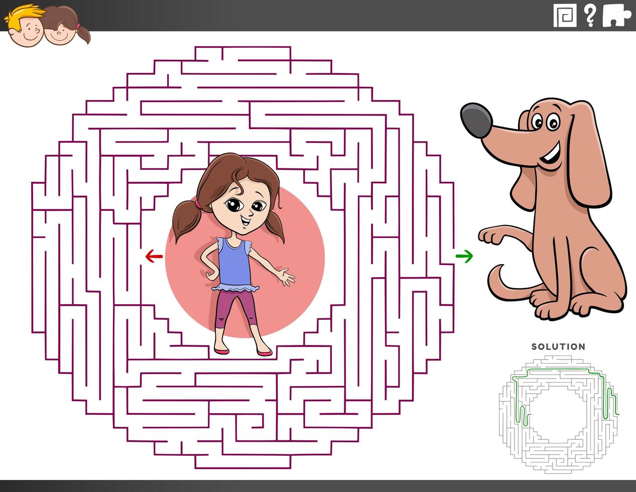 jeu éducatif labyrinthe avec une fille et un chiot vecteur