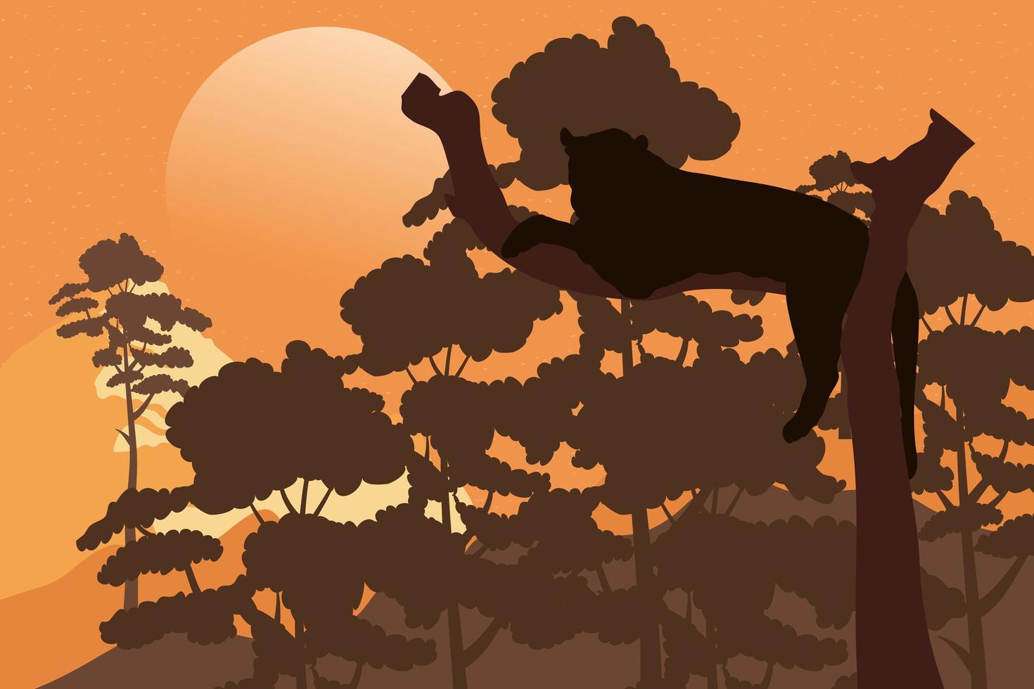Félin puma sauvage dans la scène de silhouette de la faune des arbres vecteur