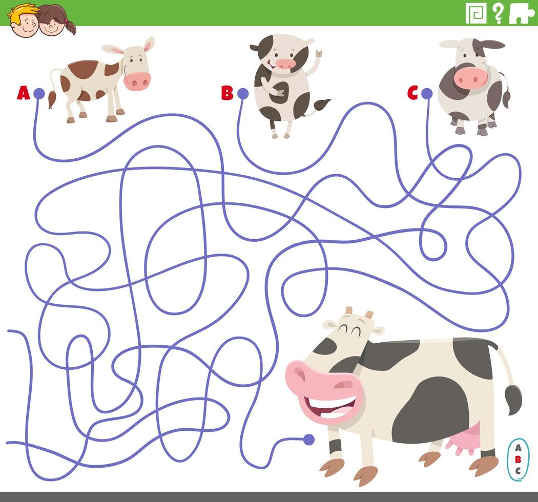 jeu de labyrinthe éducatif avec veaux et vache vecteur