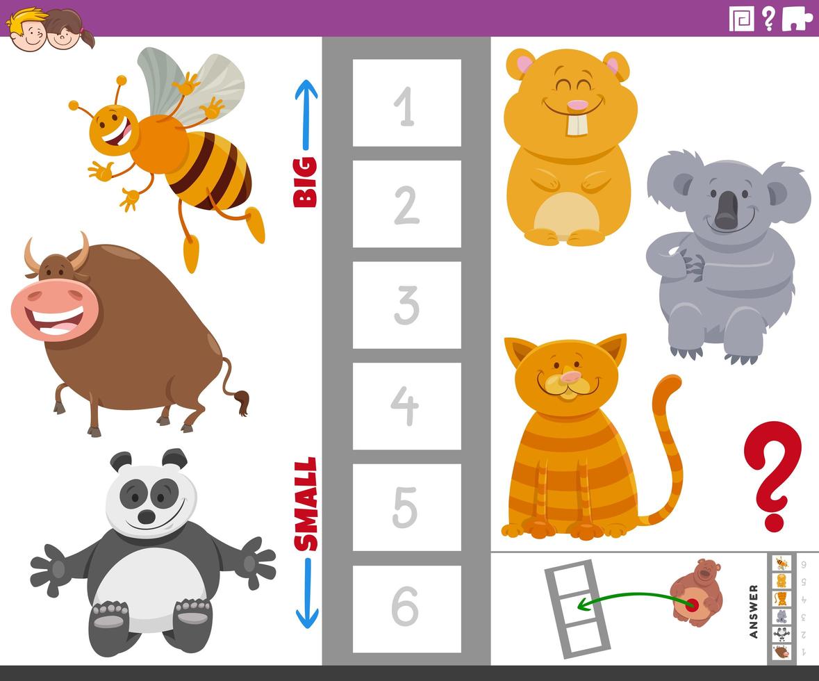 tâche éducative avec de grands et petits personnages animaux vecteur