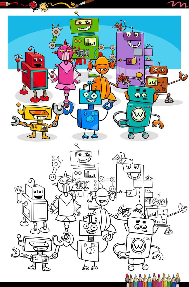 dessin animé robots personnages fantastiques page de livre de coloriage vecteur