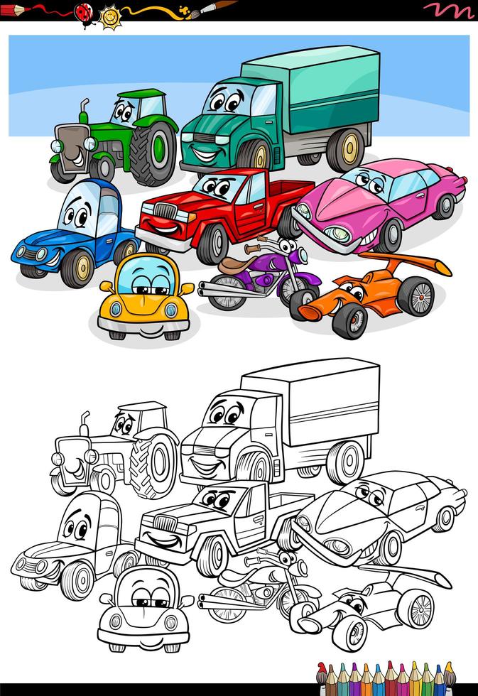 dessin animé, voitures, et, véhicules, livre coloration, page vecteur