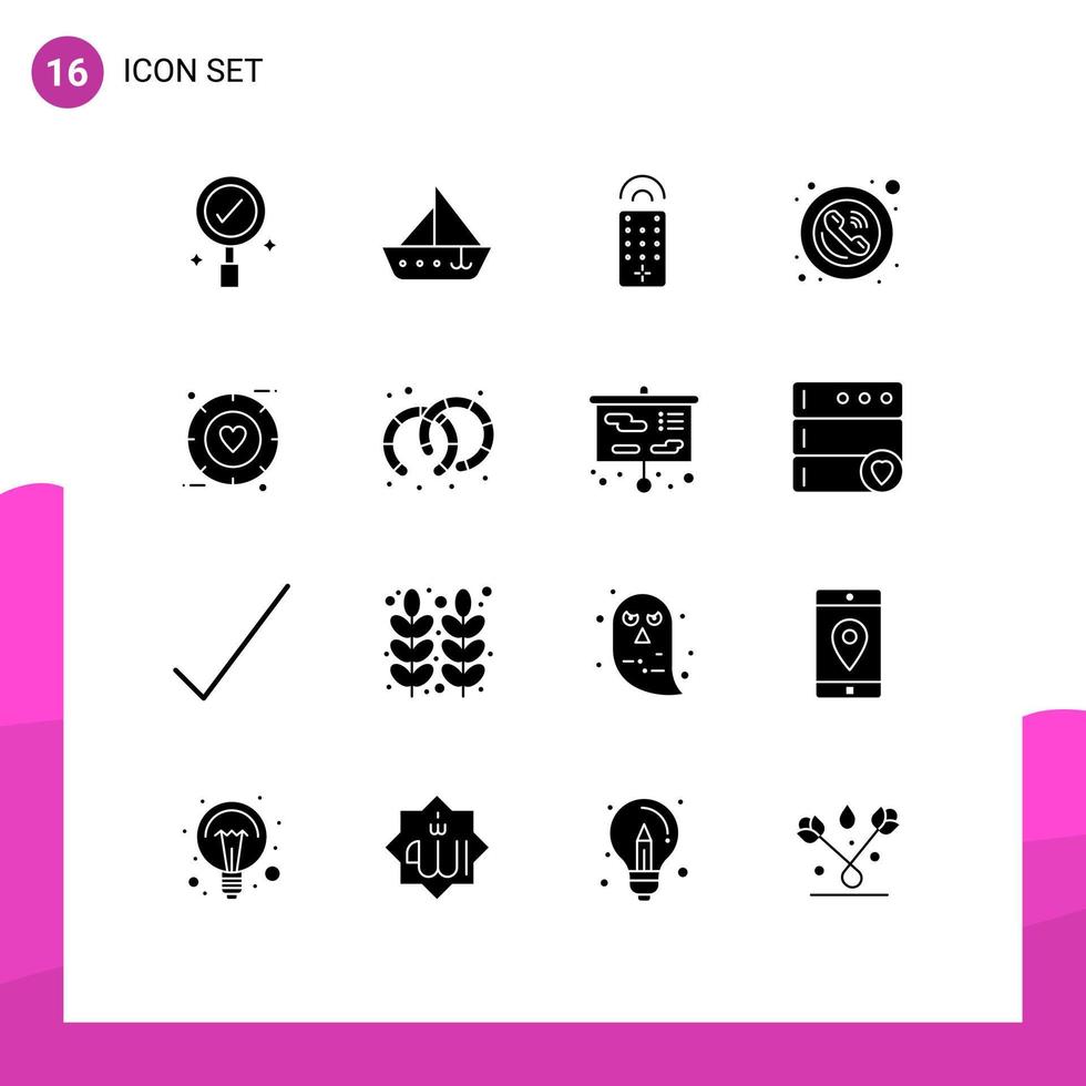 groupe de 16 glyphes solides modernes définis pour les signes de contrôle téléphonique de signal éléments de conception vectoriels modifiables par téléphone vecteur