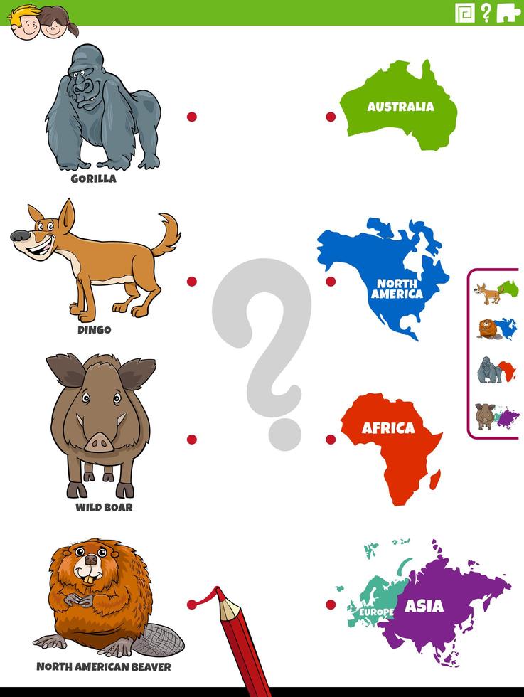 faire correspondre les espèces animales et les continents tâche éducative vecteur