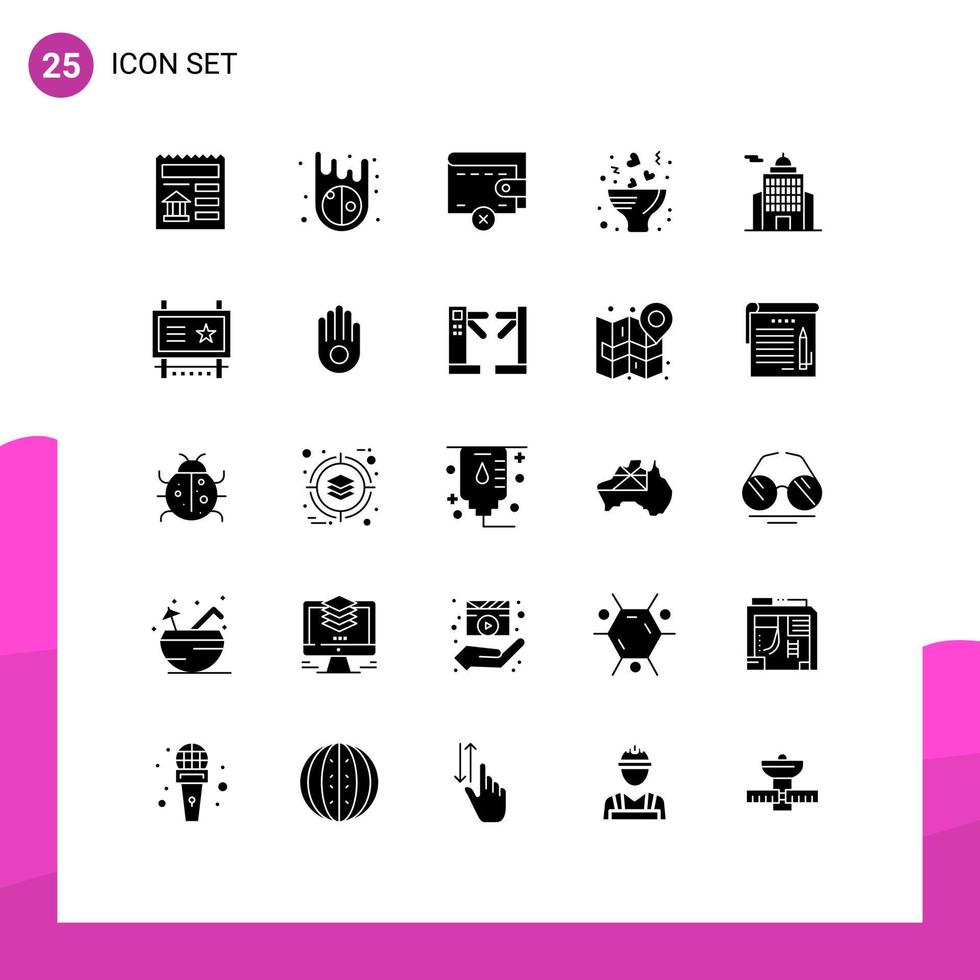 symboles d'icônes universels groupe de 25 glyphes solides modernes de l'administration de l'argent du bâtiment du musée amour éléments de conception vectoriels modifiables vecteur