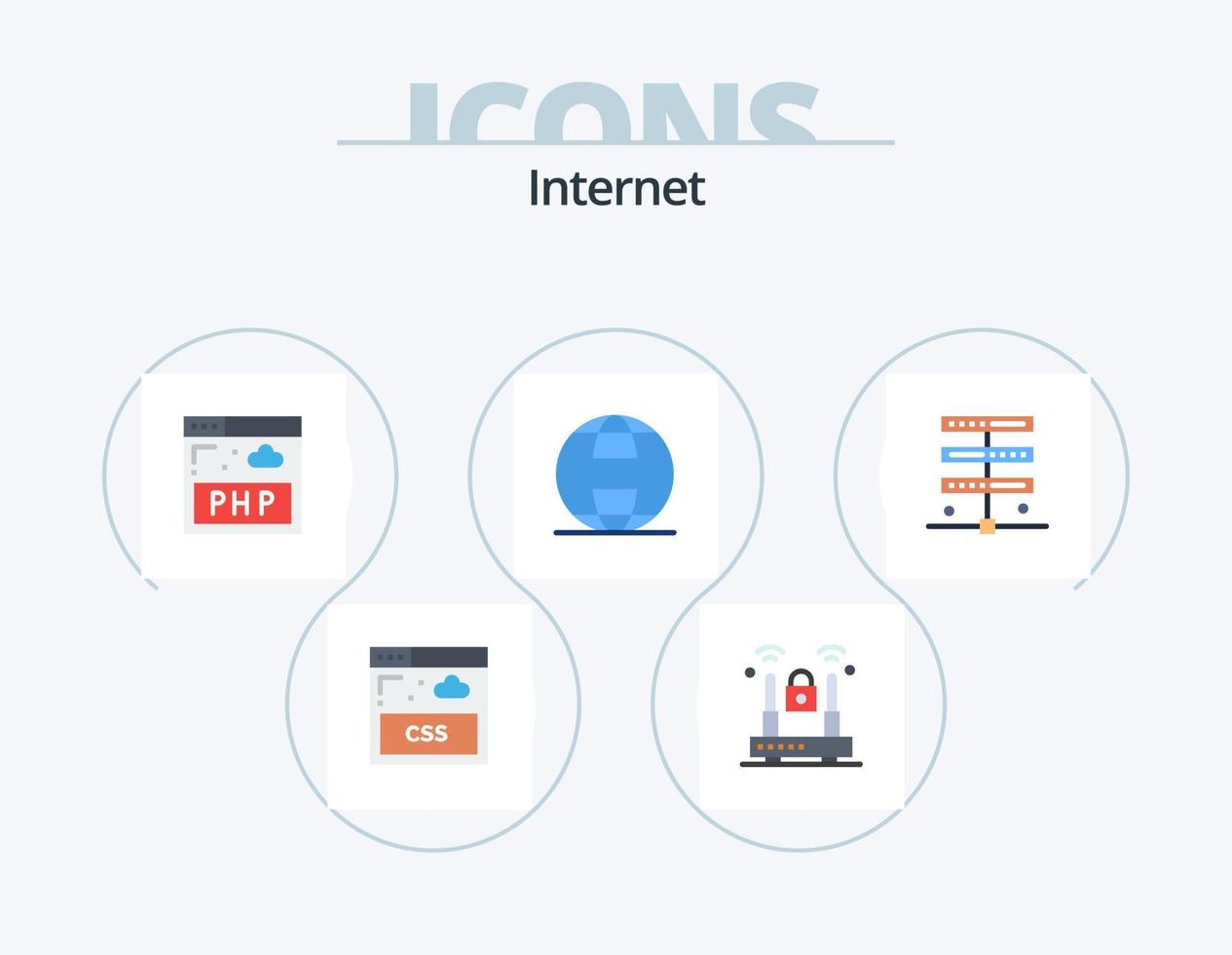 pack d'icônes plat internet 5 conception d'icônes. serveur. hébergement. php. données. sécurité vecteur