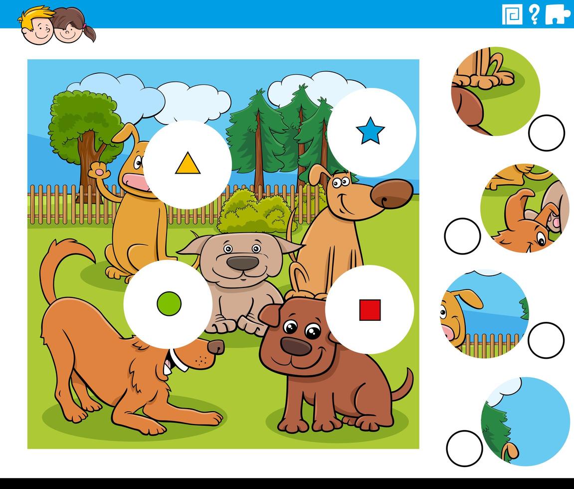 Match de pièces puzzle avec des personnages de chiens vecteur