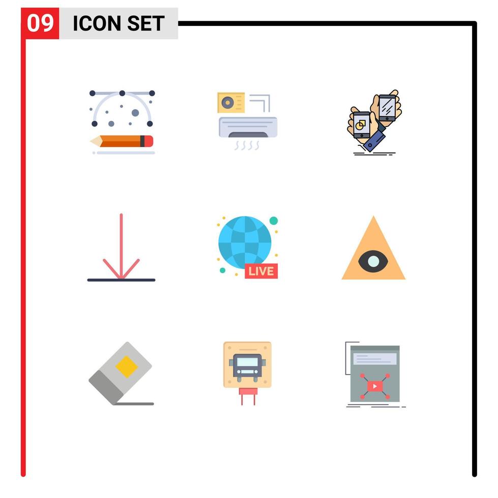 ensemble moderne de 9 couleurs et symboles plats tels que la sensibilisation à la diffusion d'informations vers le bas des éléments de conception vectoriels modifiables du produit vecteur