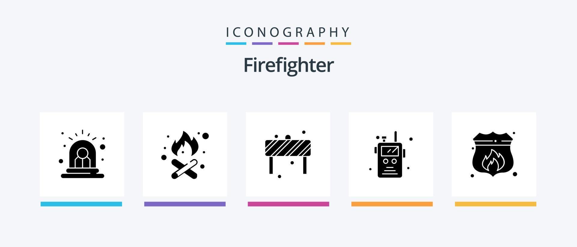 pack d'icônes de pompier glyphe 5 comprenant un bouclier. accès. bloc. feu. émetteur-récepteur radio. conception d'icônes créatives vecteur