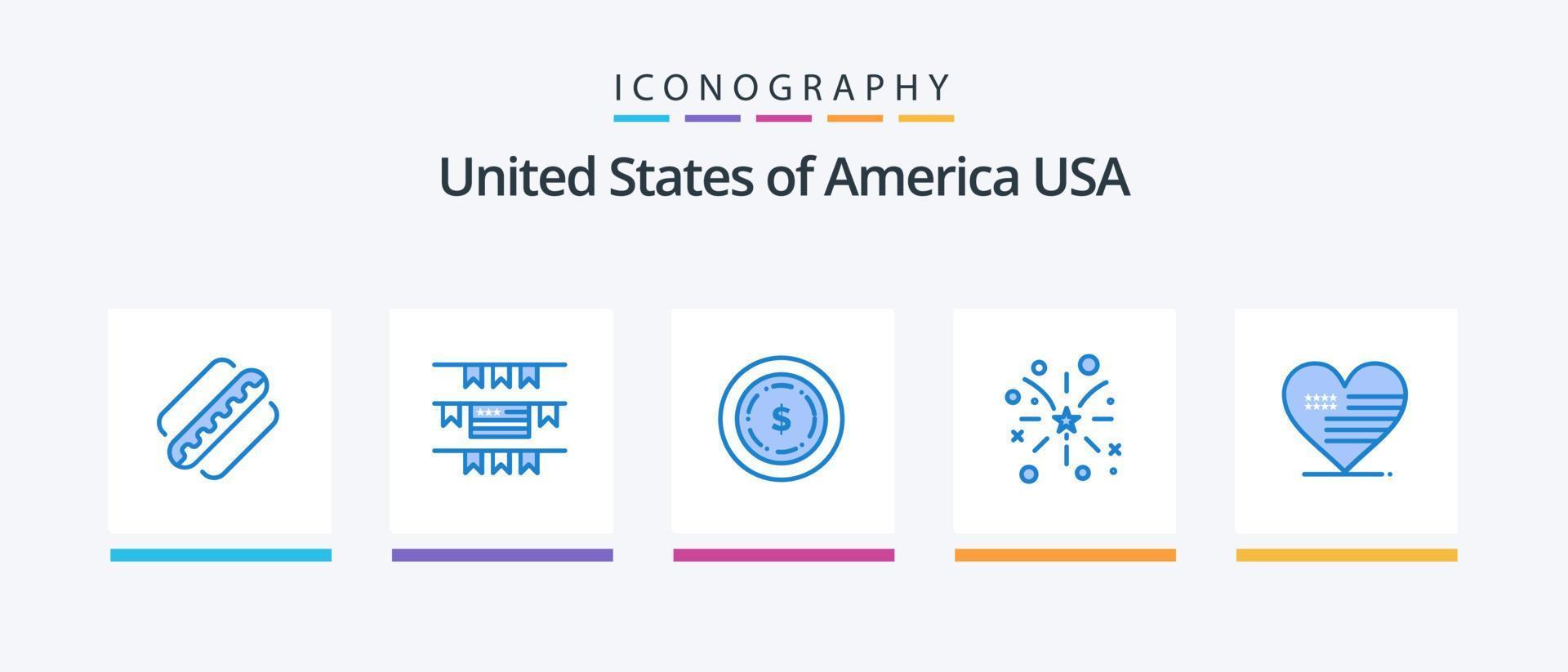 pack d'icônes bleu usa 5 comprenant le drapeau. aimer. dollar. cœur. Américain. conception d'icônes créatives vecteur