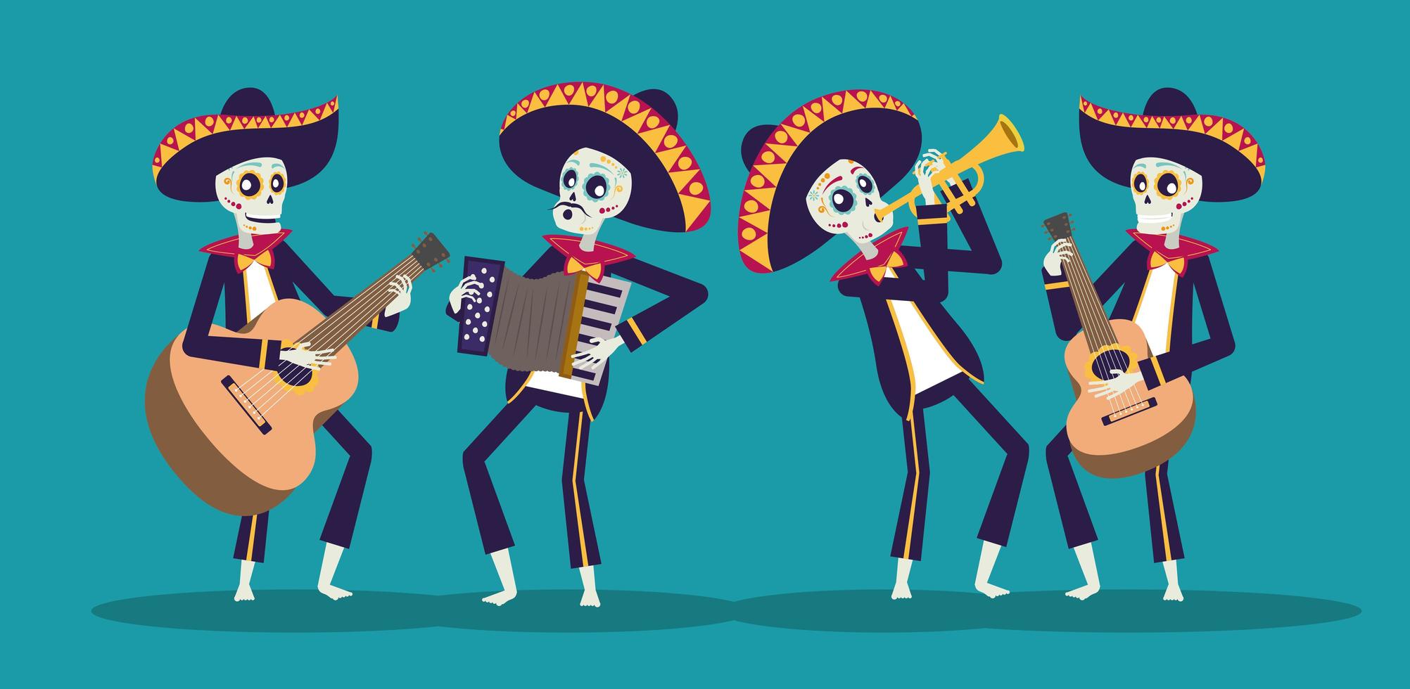 Carte de dia de los muertos avec des crânes de mariachis jouant des instruments vecteur