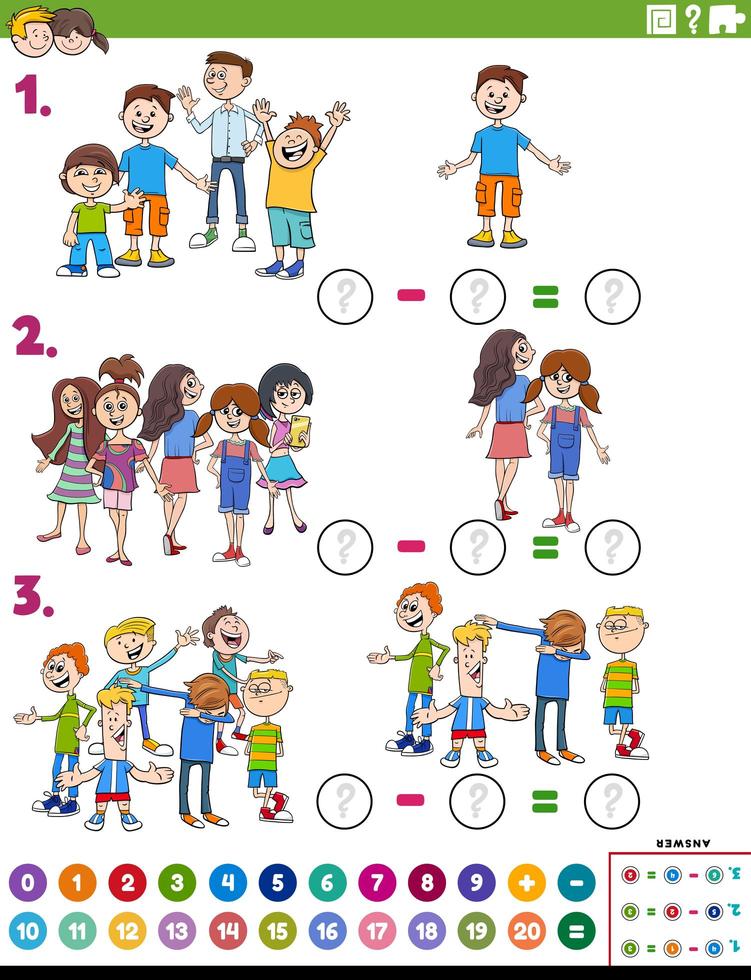 tâche éducative de soustraction mathématique avec des enfants comiques vecteur