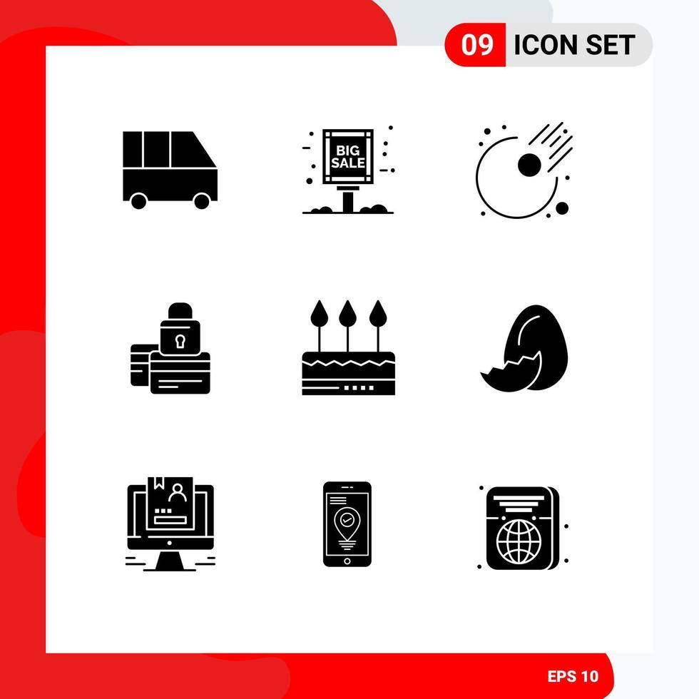 ensemble de 9 glyphes solides vectoriels sur la grille pour gâteau sécurisé carte de paiement astéroïde éléments de conception vectoriels modifiables vecteur