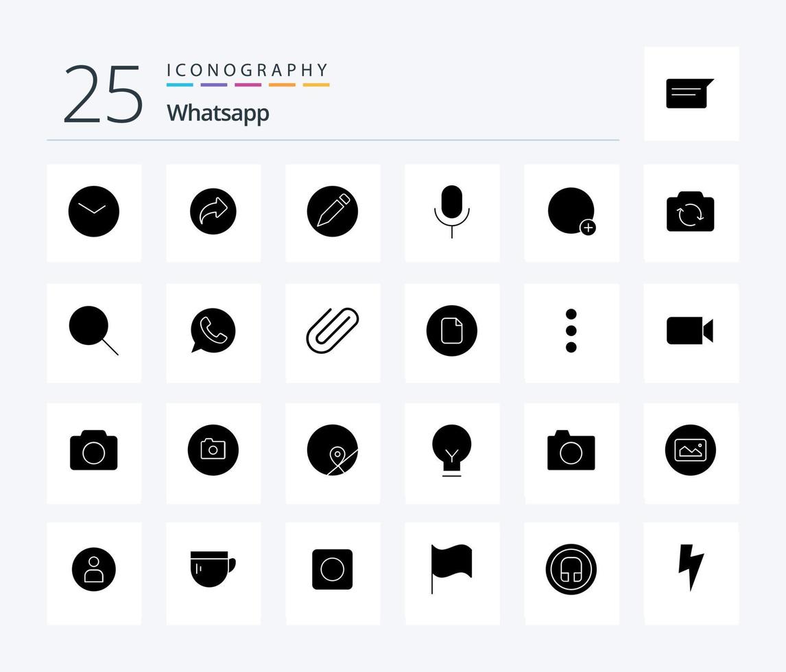 WhatsApp 25 pack d'icônes de glyphes solides, y compris le signe. basique. basique. ui. microphone vecteur